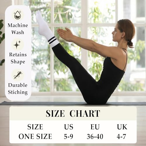 Striped Pilates Crew Socks with Grips for Women - 4 Pairs - Black White Gray