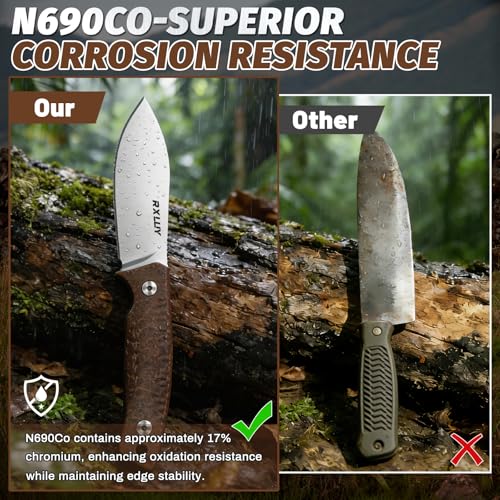 RXLUY Brown Fixed Blade Knife with Kydex Sheath, 2.95" N690Co Steel, Ergonomic Handle