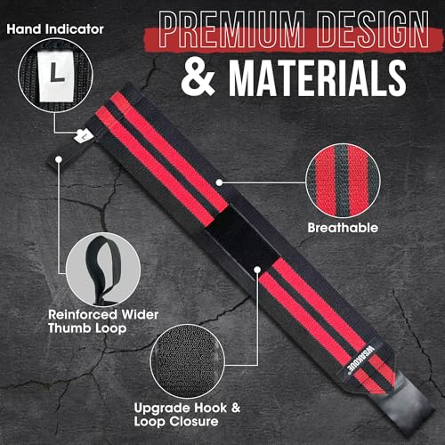 18-Inch Weightlifting Wrist Wraps - Adjustable Support for Powerlifting - Red