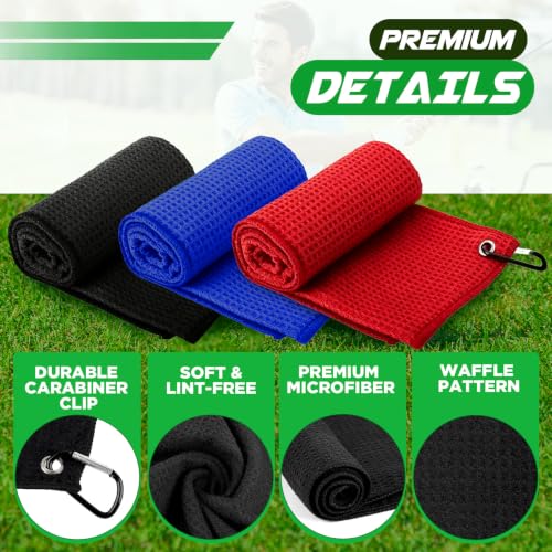 Golf Towel 3-Pack - 16x16 Microfiber Waffle Cleaning Cloth - Black/Blue/Red