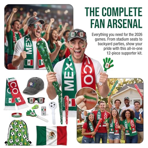 2026 World Cup Fan Set - 12 Pcs Mexico Kit with Flag, Scarf, Whistle & More
