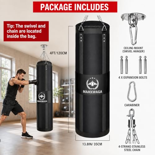 Mamxwaga 4FT Black Canvas Heavy Boxing Punching Bag for Kickboxing & Martial Arts