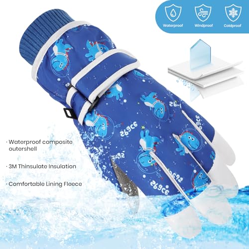 Kids Waterproof Ski Gloves - Touchscreen Snowboard Mittens - Blue