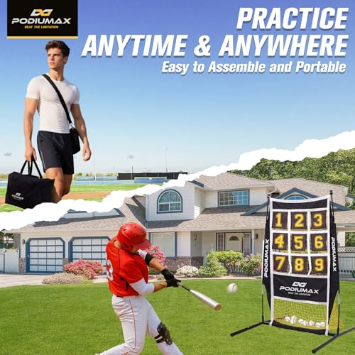 PodiuMax Yellow Baseball Pitching Net with 9 Hit Zones, 5 Height Adjustments – Solo Backyard Trainer