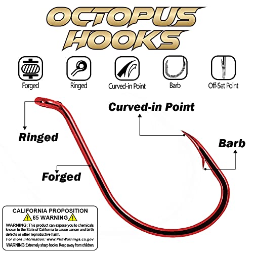 Octopus Circle Hooks - Size 8 Red - 100 Pack for Freshwater Fishing