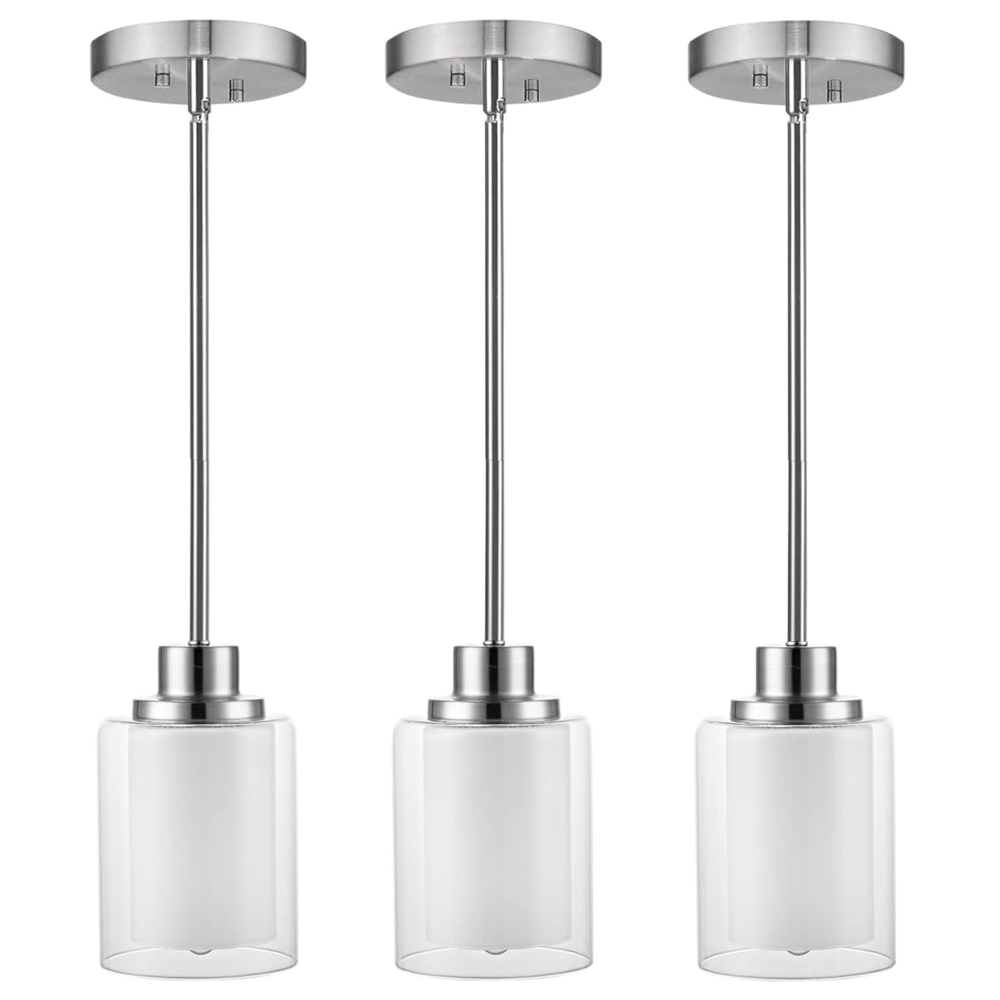 Eidonta 1-Light Mini Pendant Light Fixtures, 3 Pack Modern Brushed Nickel Hanging Ceiling Light with Dual Glass, Adjustable Height