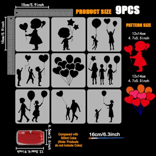 FINGERINSPIRE 9 Pcs Balloon Figure Painting Stencil with Brush 5.9x5.9inch Little Lady and Boy Pattern Drawing Template People with Balloon DIY Stencil for Painting on Wood Wall Fabric Furniture
