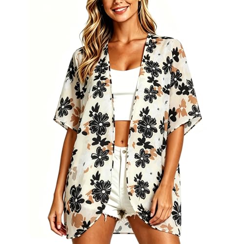 Floral Kimono Cardigan Coverup - Puff Sleeve, Flower Khaki, Large