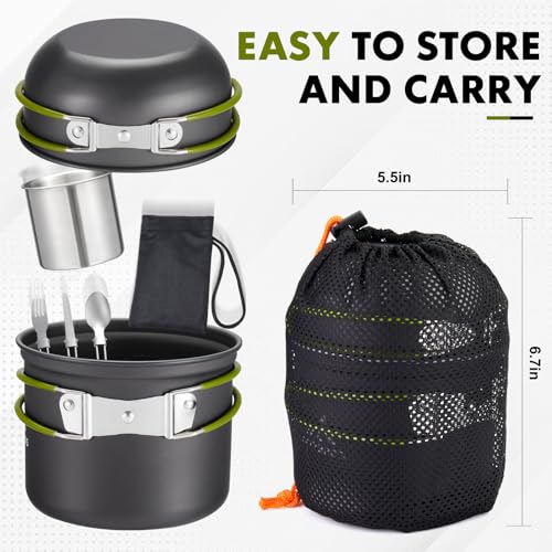 THTYBROS Green Camping Cookware Kit with Pots, Pans & Utensils for Backpacking