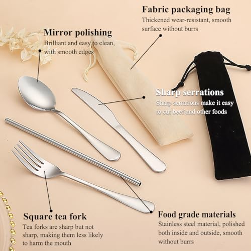 Portable Flatware Set - Reusable Camping Cutlery for Outdoor Use - Black and White Storage Bag