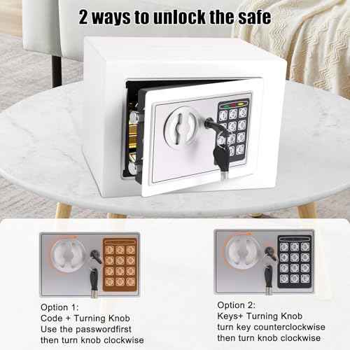 Mini Electronic Safe Box with Digital Keypad & Keys, Small Safe Deposit Boxes with Coin Slot, Safety Boxes for Home Office Dorm, Drop-resistant & Durable, For Cash, Jewelry (White)