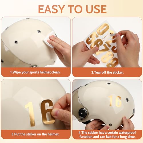 100 PCS Vinyl Sports Helmet Number Stickers, 1.5-Inch Waterproof Gold Numbers