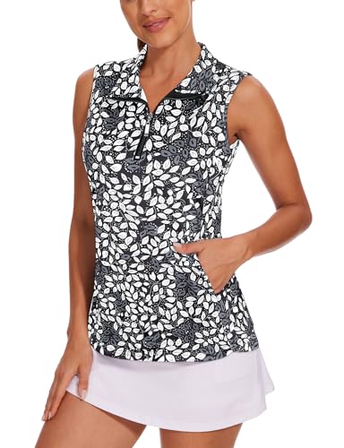 Tanst Sky Women's Sleeveless Golf Shirt with Zip, Pockets - Small Black White Leaf