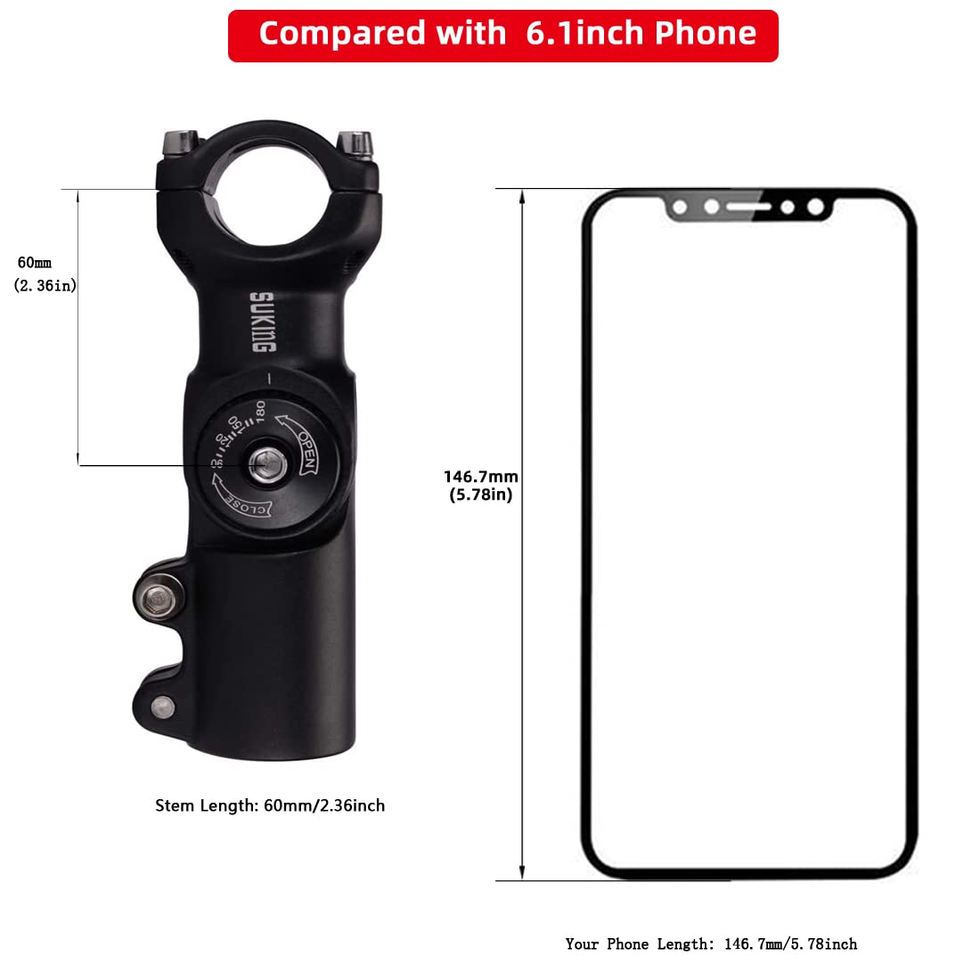 BESNIN Adjustable Bike Stem 0-90 Degree 31.8mm or 25.4mm，60mm or 90mm or 93mm or 100mm, Adjustable MTB Stem Black or Red Mountain Bike Handlebar Stem for Bicycle, Road Bike, MTB (0-90° 31.8 * 60)