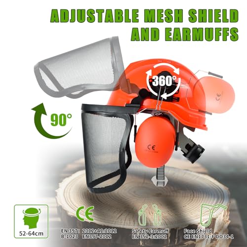 Chainsaw Helmet with Face and Ear Muffs, Forestry Safety Helmet for Mowing, Trimming, Yard Work, Landscaping, Construction and Weed Whacking