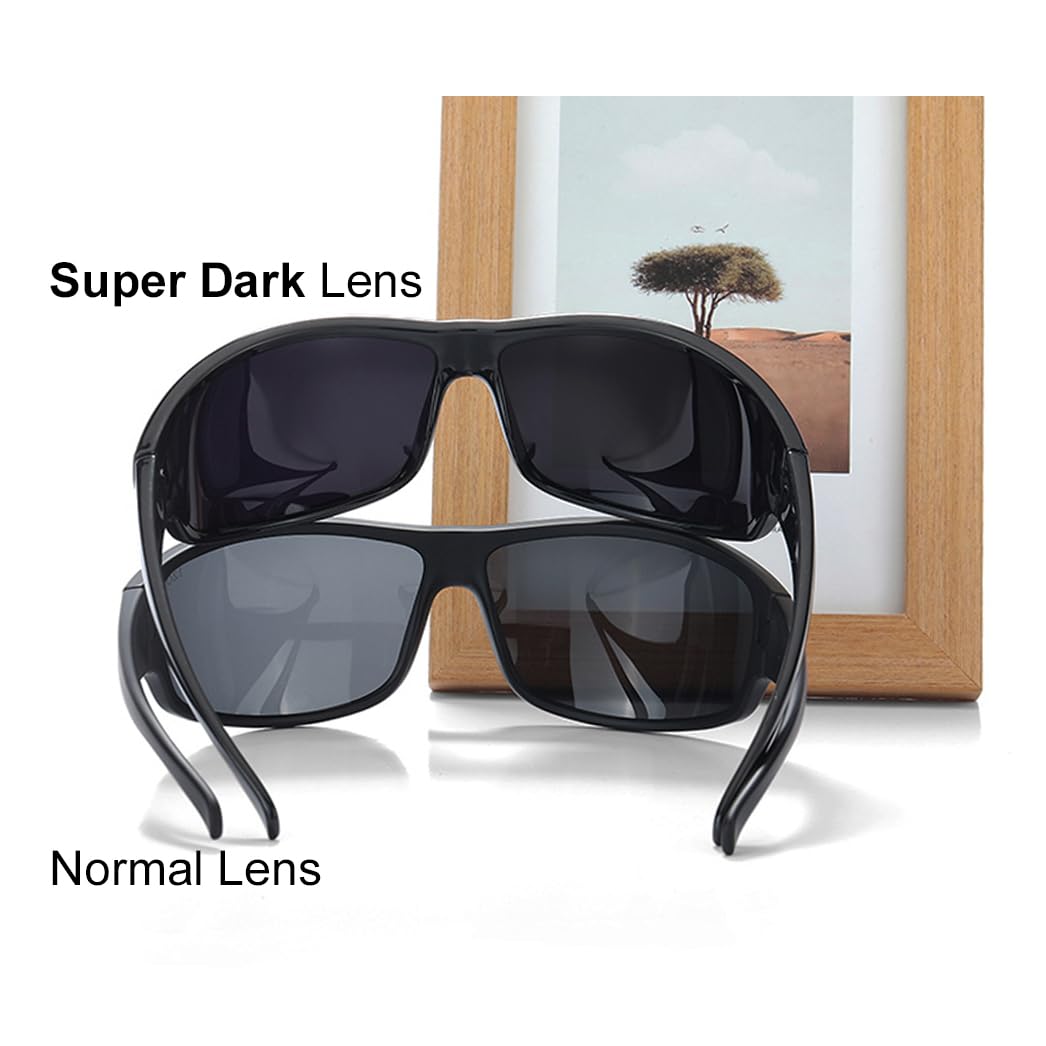 PLOPLO Super Dark Black Sunglasses Biker Rider Wrap Around Sport Sunglass UV400 Protection For Sensitive Photophobia (Glossy Black, Black)