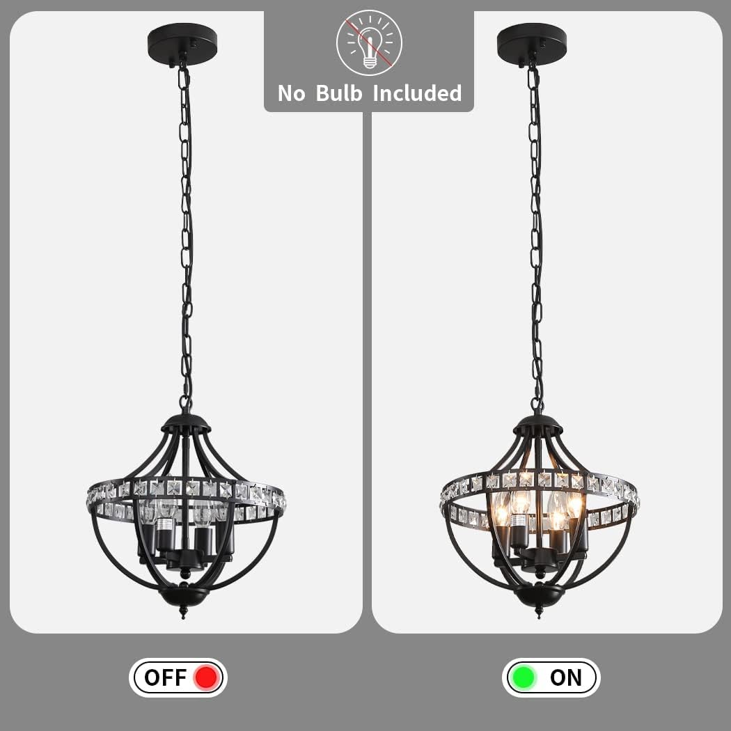 Threebro Crystal Chandeliers，Farmhouse Ceiling Chandelier Rustic Vintage Black Pendant Hanging Lighting for Dining Room Living Room Entryway Kitchen Island Bedroom Foyer Lighting（4-Light）