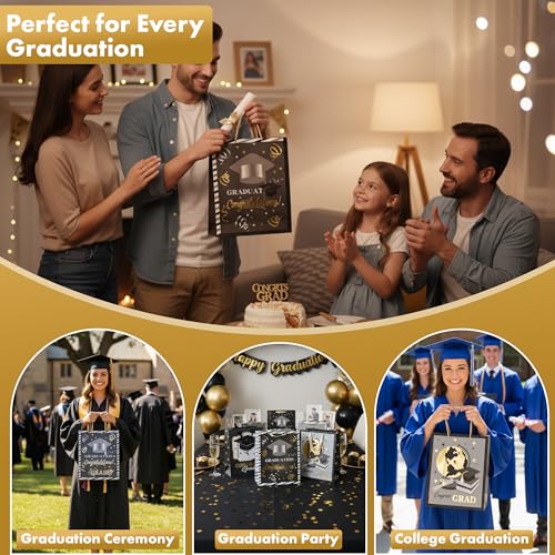 Large Graduation Gift Bags with Handles - 3-Pack Foil Embellished