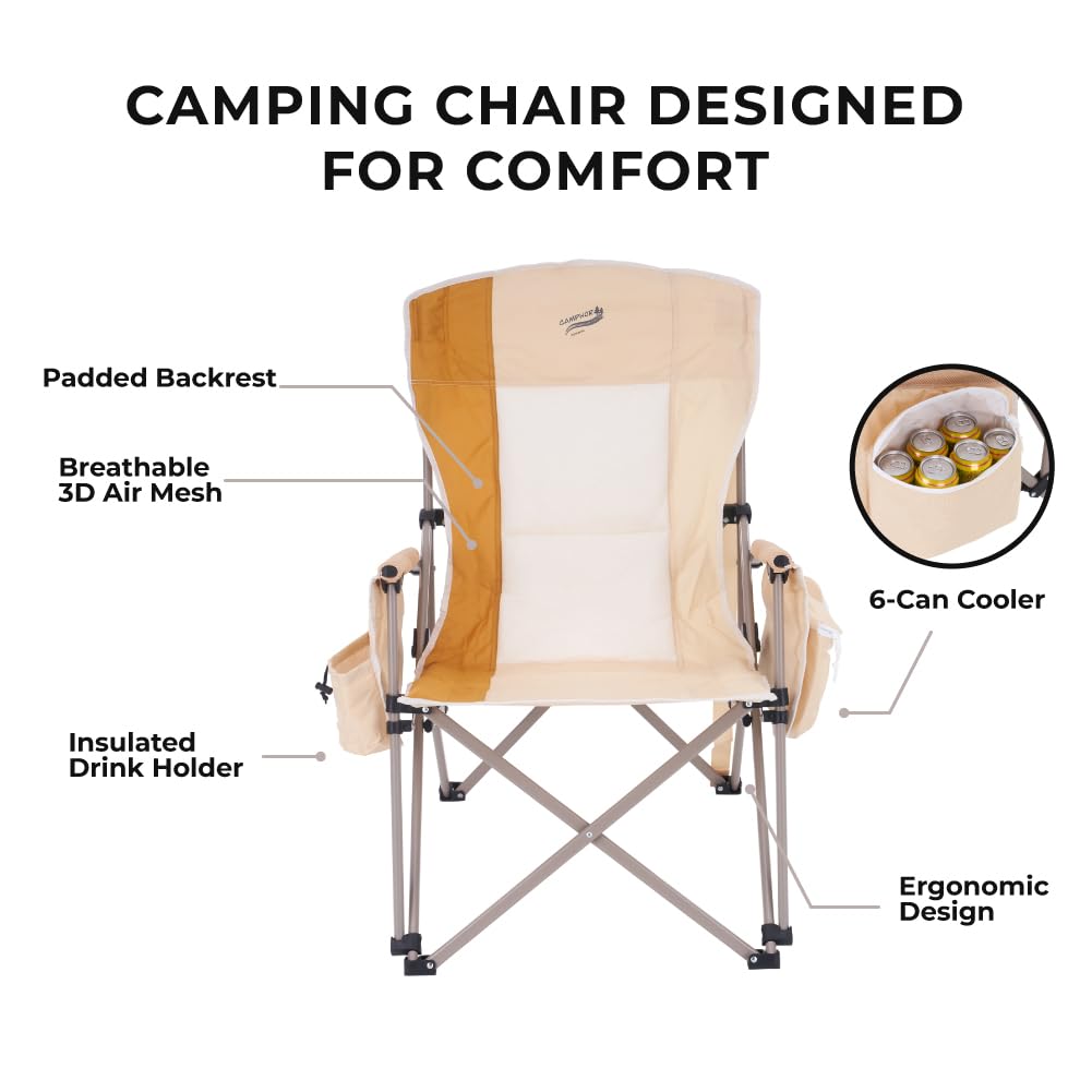 Camphor Designs Heavy Duty Portable Folding Camping Chair for Adults with Padded | for Outdoor & Sports, Backpacking, Beach, Lawn, Hunting, Tailgating, Fishing | Supports 400 Lbs (Single, Beige)