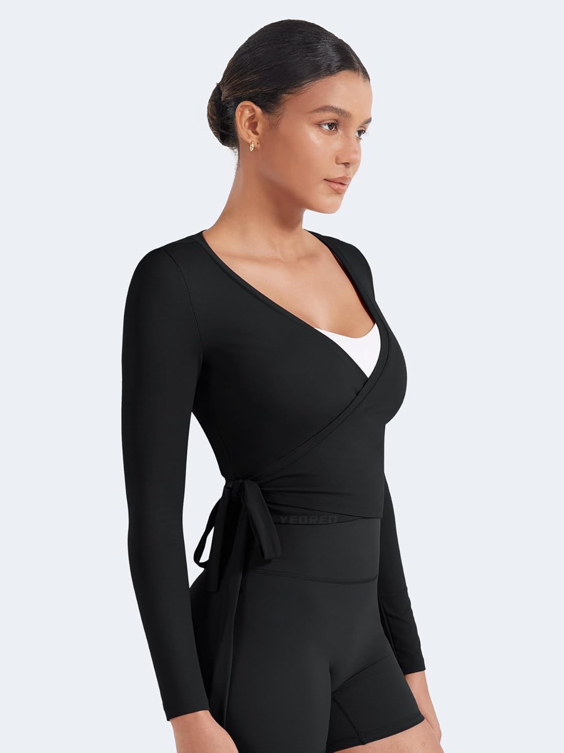 YEOREO Women's Pilates Wrap Top - Long Sleeve V-Neck Cropped Yoga Shirt in Michelie Y2K Style