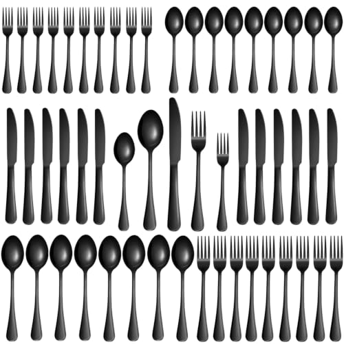 Mirror Polished Black 50-Piece Stainless Steel Flatware Set for 10 - Titanium Plated