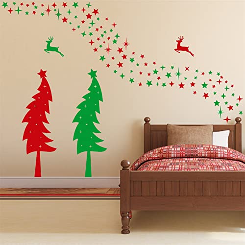 Large Christmas Tree Wall Stickers Vinyl Red Green Pine Tree Wall Decals Peel and Stick Stars Xmas Trees Stickers Removable Christmas Windows Walls Decorations Winter Holiday Party Supplies