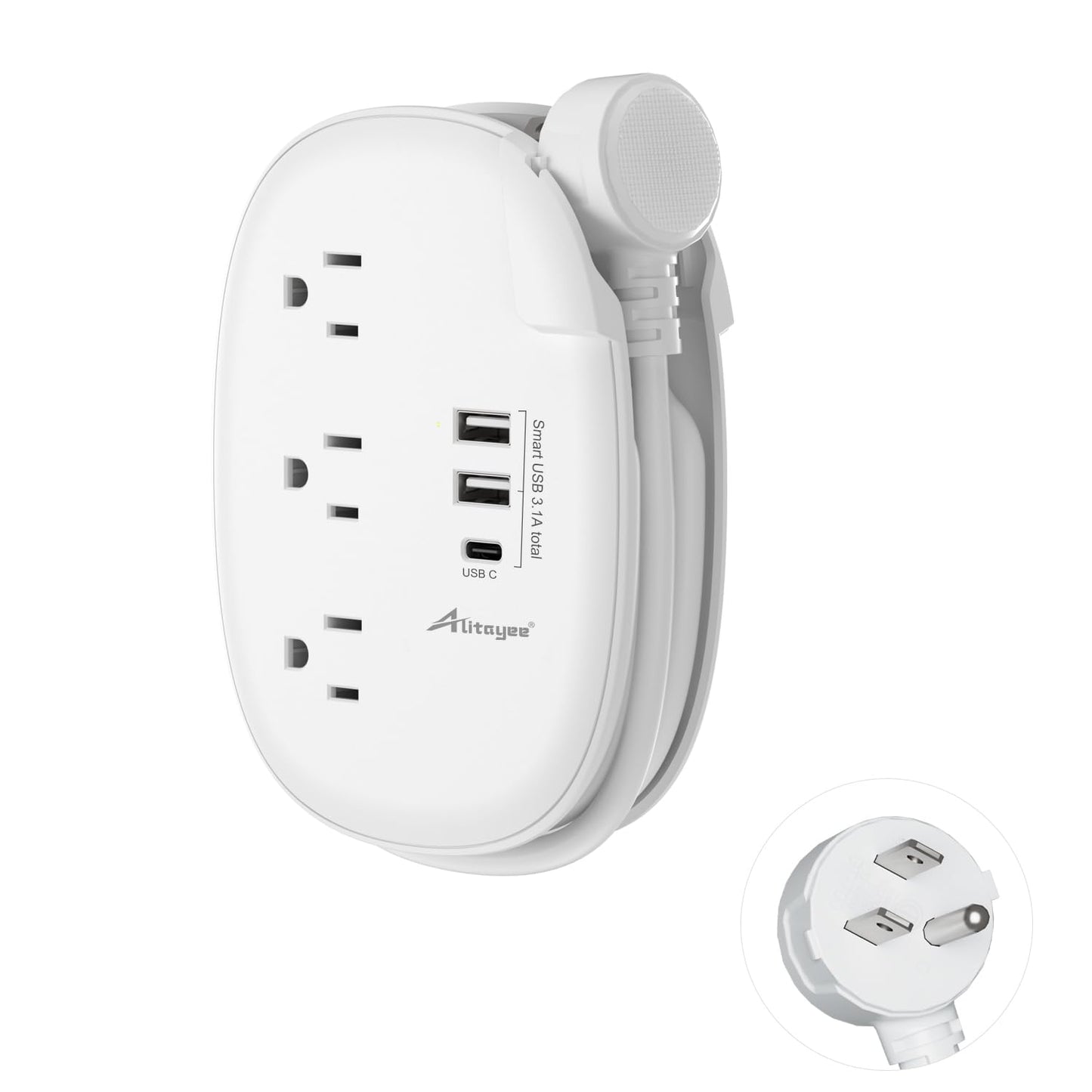 Alitayee USB C Travel Power Strip,Portable Power Strip with 3 Outlets 3 USB Ports Fast Charge, USB Extension Cord with Flat Plug and 4ft Wrapped Around Extension Cord for Cruise Travel Home Office