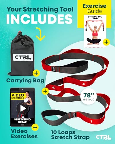 Non Elastic Stretching Strap with Loops - Red Yoga Strap for Flexibility