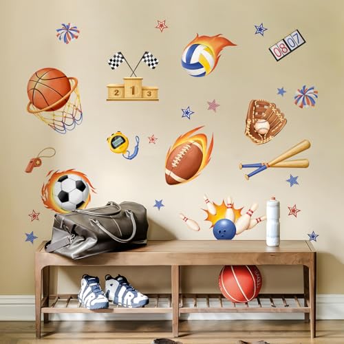 3D Sports Wall Decals, Basketball Soccer Football Wall Stickers Ball Games Peel and Stick Decal Self Adhesive Sticker for Boys Nursery Kids Room Home Decor