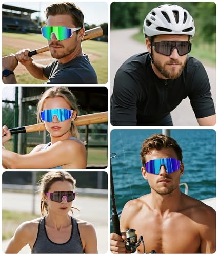 Polarized Sports Sunglasses - UV400 Protection, 3 Pack Matte Black/Gray, Ice Blue & Purple