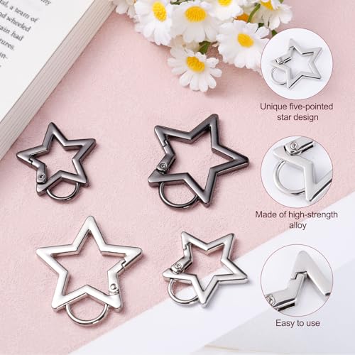 4-Pack Star Carabiner Clips - Zinc Alloy Keychain Set in Black & Silver