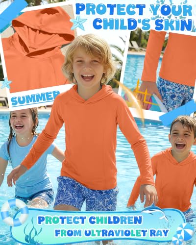 Boys Long Sleeve Rash Guard Hoodie UPF50+ - Orange, 5-6 Years