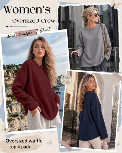 Neer Women's Oversized Waffle Knit Sweatshirts 4-Pack with Large Sizes - Black, Gray, Navy, Wine Red