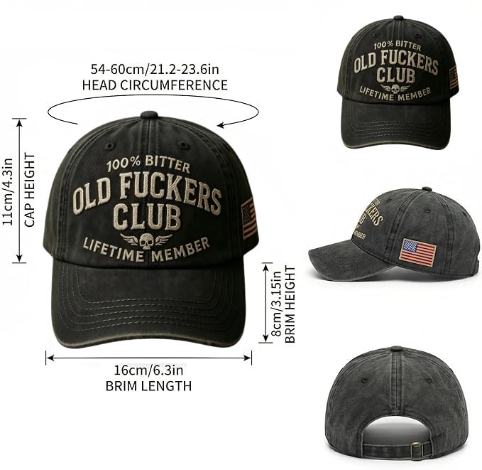 Vintage Baseball Cap with Hand Embroidery - Black, Old Fuckers Club Adjustable Hat