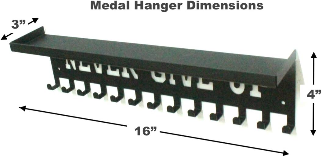 Never Give Up Medal Hanger | Trophy Display Shelf with Hooks - Easy Install Wall Rack (Black)