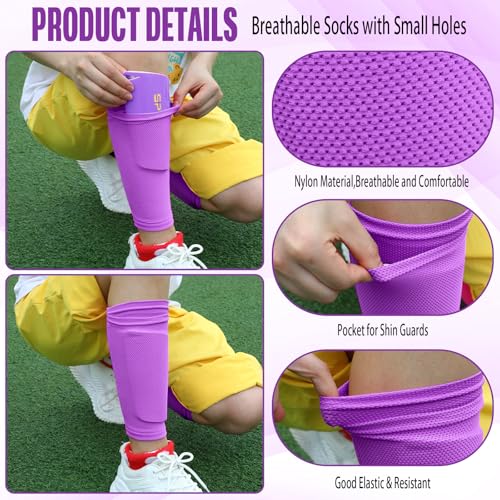 Syhood Kids Soccer Shin Guards and Sock Sleeves (Medium, Purple) - Complete Protective Set