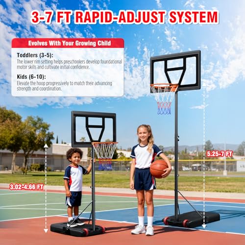 Adjustable Kids Basketball Hoop - 3-7 FT Black, Portable & Durable