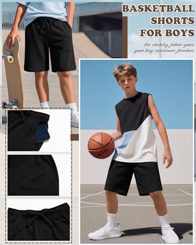 Boys Athletic Drawstring Shorts - Black, 11-12 Years