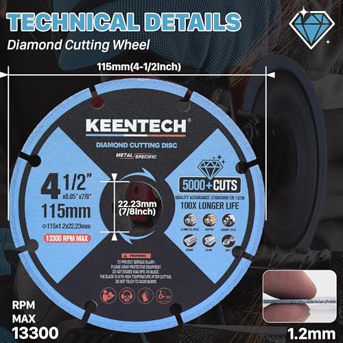 KEENTECH 4 1/2 x 7/8 Inch Diamond Cut Off Wheel for Metal Cutting, Compatible with Angle Grinder