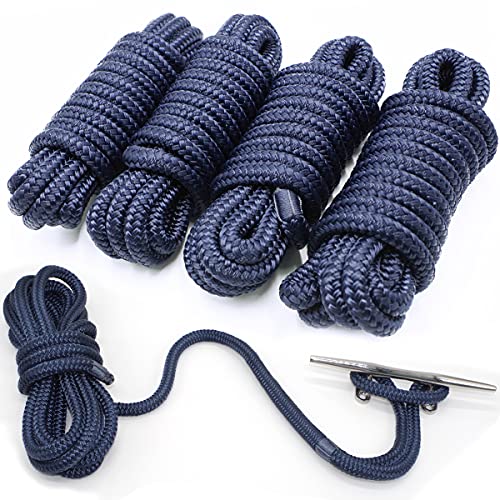 Marine-Grade Double-Braided Nylon Dock Lines - 4 Pack, 1/2” x 15’ with Eyelets, Navy Blue