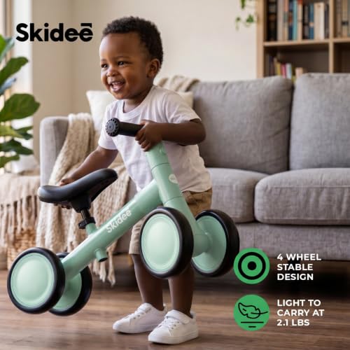 SKIDEE Phthalo Green Toddler Balance Bike with LED Light Wheels, Adjustable & 4-Wheel Stability