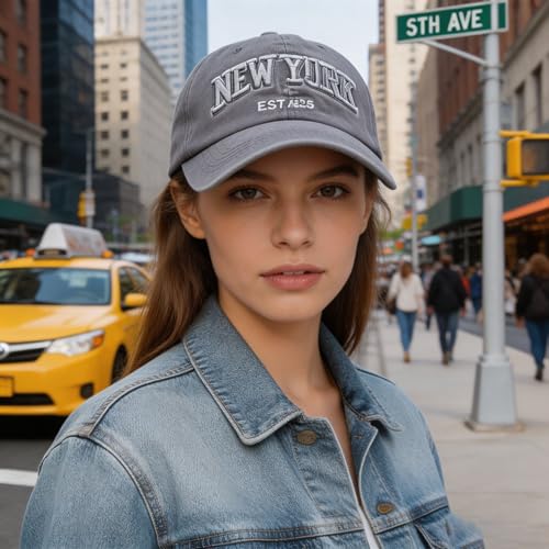 New York Embroidered Baseball Cap - Distressed Gray Dad Hat