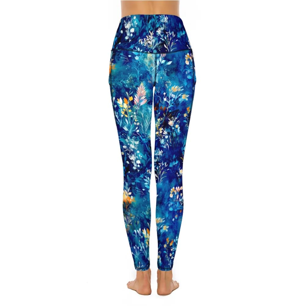 KevaMolly Women Yoga Pants with Phone Pockets High Waisted Leggings Petite Length Workout Activewear Blue Print L