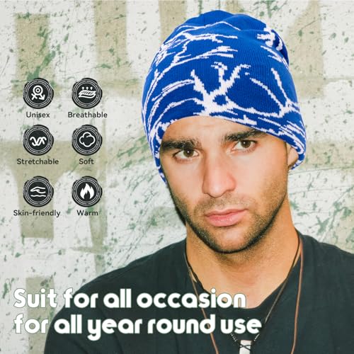 Lightning Pattern Knitted Beanie Hat - One Size / Black White