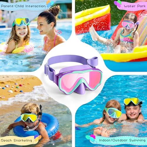 VegoVia Kids Swim Goggles with Nose Cover, Anti-Fog, UV Protection, Purple-Green & Pink Lenses