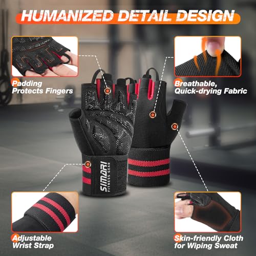 Red Large SIMARI Workout Gym Gloves with Wrist Support & Palm Grip for Men Women
