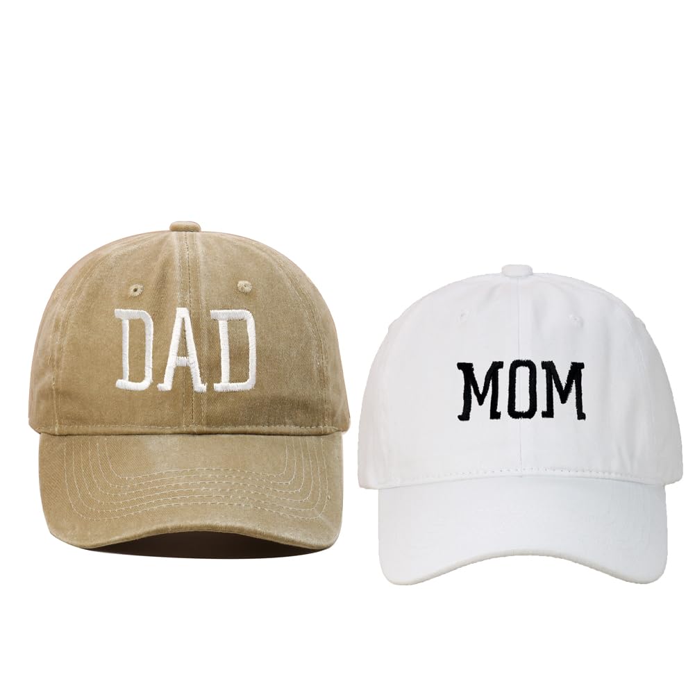 Tefelory Mom and Dad Hats New Parents Gifts for Couples Fathers Day Mothers Day Adjustable Embroidered Baseball Cap(Khaki Dad,White Mom)
