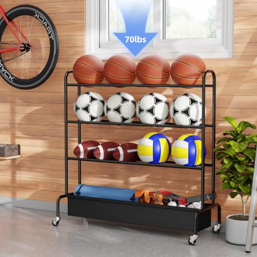 MWQ 4-Tier Basketball Rack Rolling Storage Cart for Basketballs, Footballs & Soccer - Indoor/Outdoor