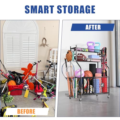 Heavy-Duty Sports Equipment Organizer Cart with Hooks & Bins