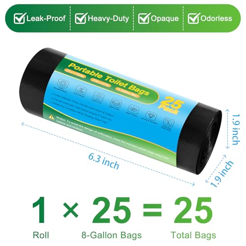 Portable Toilet Bags - 25 Pack Biodegradable 8 Gallon Camping Waste Bags